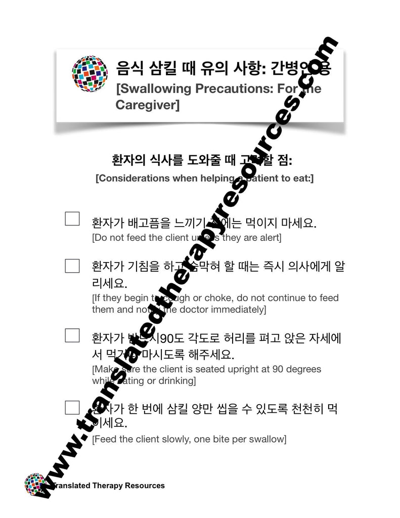 Swallowing Precautions for the Caregiver Korean and English