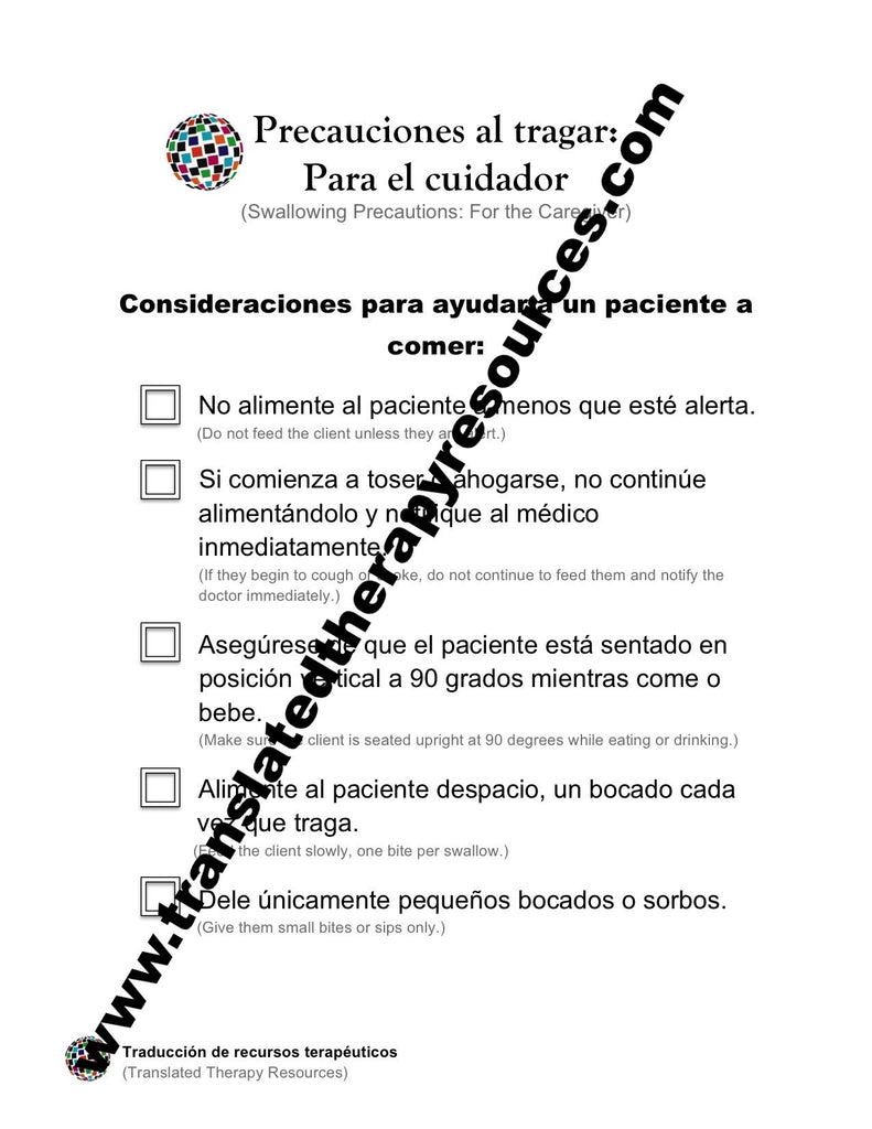 Swallowing Precautions for the Caregiver Spanish and English